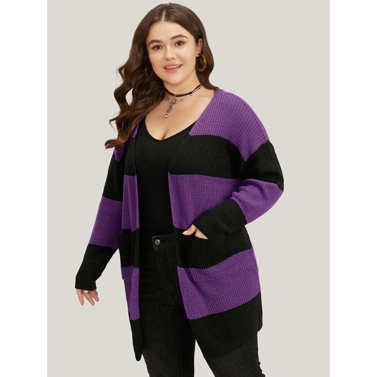 Plus Size Halloween Colorblock Patched Pocket Tunic Cardigan Eggplant Women Casual Loose Long Sleeve Festival-Halloween Cardigans BloomChic 12/L Product Image