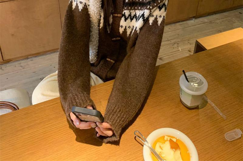 Crew Neck Patterned Toggle Button Up Cardigan Product Image