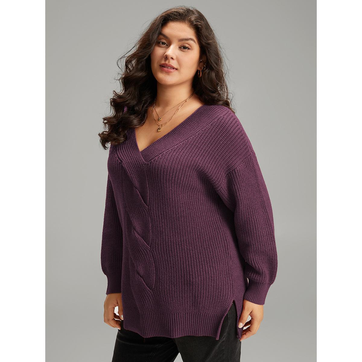 Plus Size Cable Knit Split Side Elastic Cuffs Pullover Eggplant Women Casual Loose Long Sleeve V-neck Dailywear Pullovers BloomChic 14-16/1X Product Image