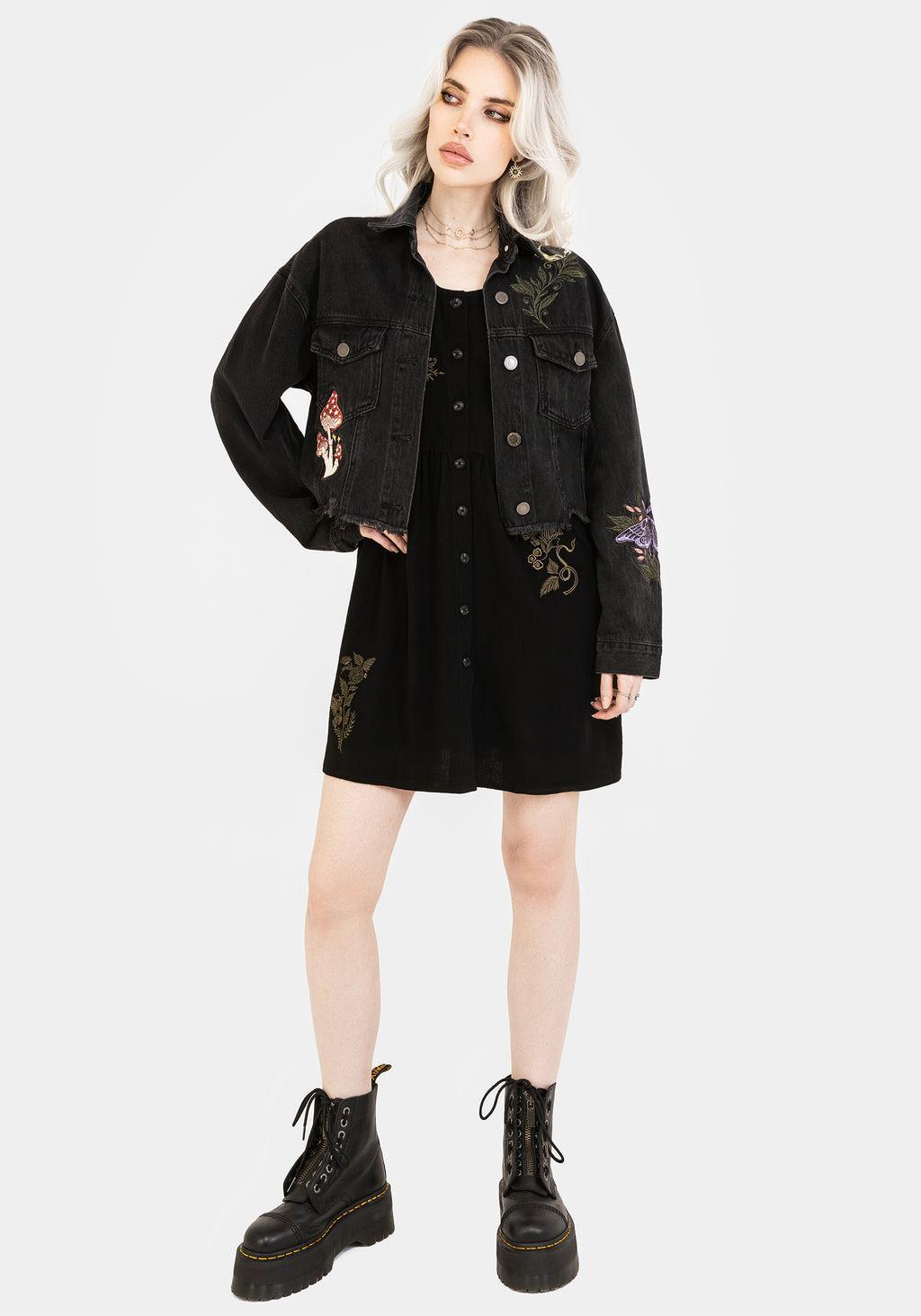 Foliate Linen-Blend Embroidered Button Up Mini Dress - Black Product Image