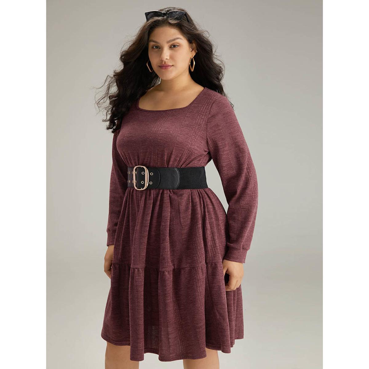 Plus Size Plain Square Neck Texture Gathered Dress Maroon Women Casual Texture Square Neck Long Sleeve Curvy Midi Dress BloomChic 30/6X Product Image