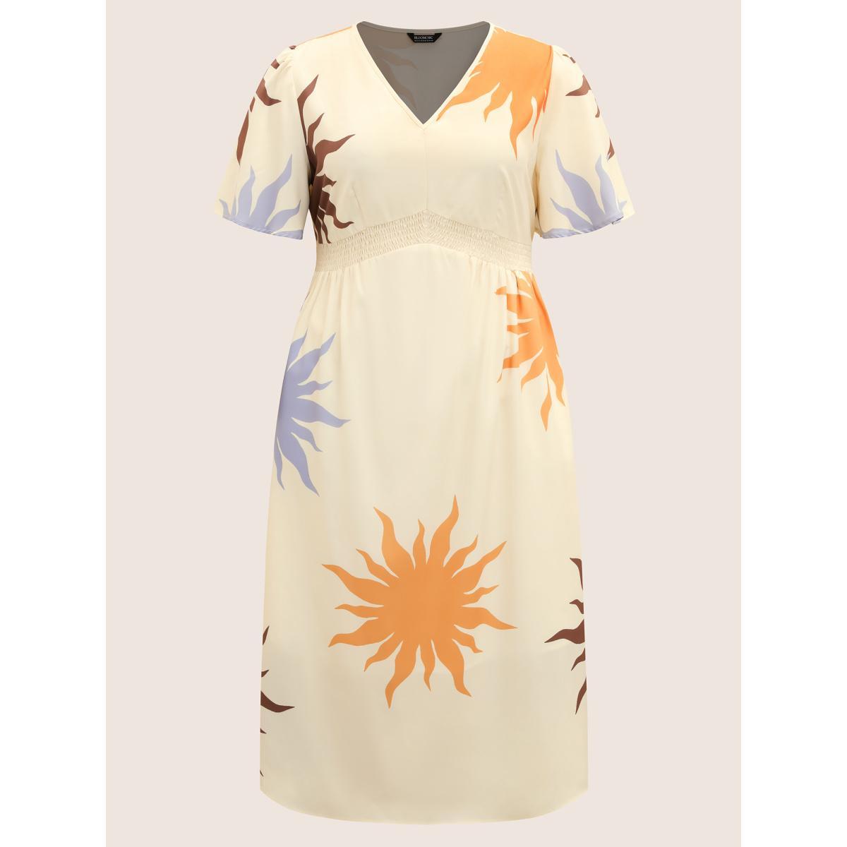 Plus Size Sun Print Shirred Ruffle Sleeve Dress WhiteSmoke Women Resort Shirred V-neck Short sleeve Curvy BloomChic 22-24/3X Product Image