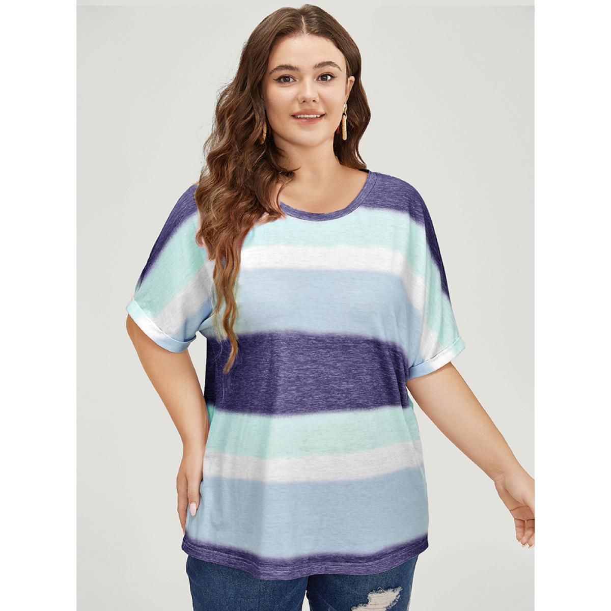 Plus Size Striped Contrast Roll Dolman Sleeve T-shirt DarkBlue Women Casual Contrast Striped Round Neck Everyday T-shirts BloomChic 18-20/2X Product Image