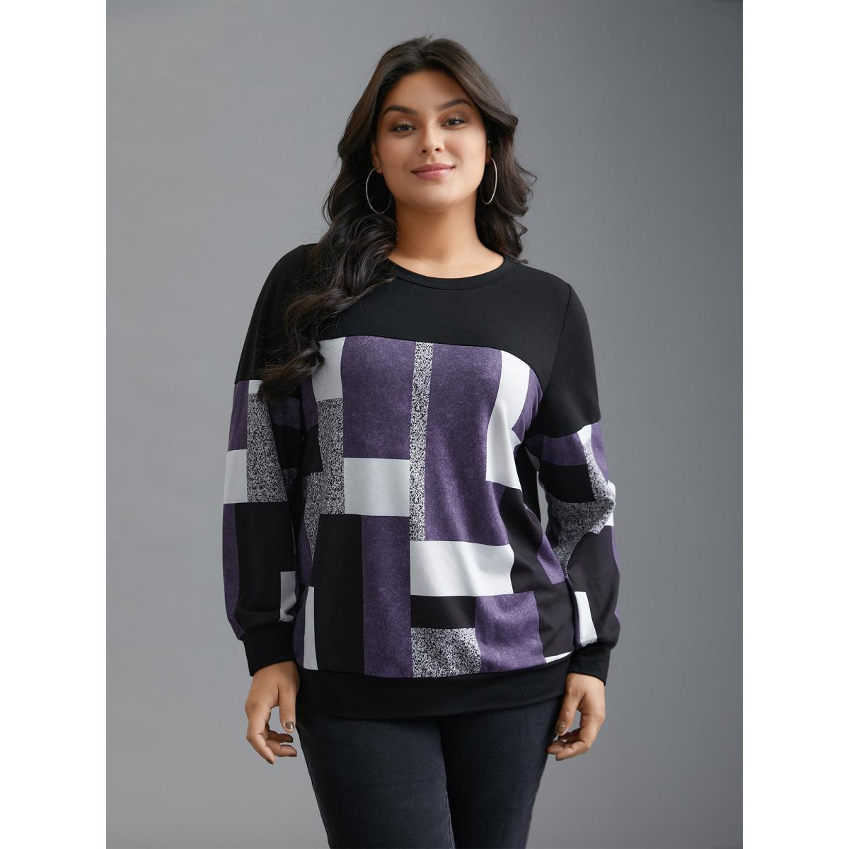 Plus Size Crew Neck Geometric Patchwork Sweatshirt Women Deeppurple Casual Contrast Loose Round Neck Everyday Sweatshirts BloomChic 10/M Product Image