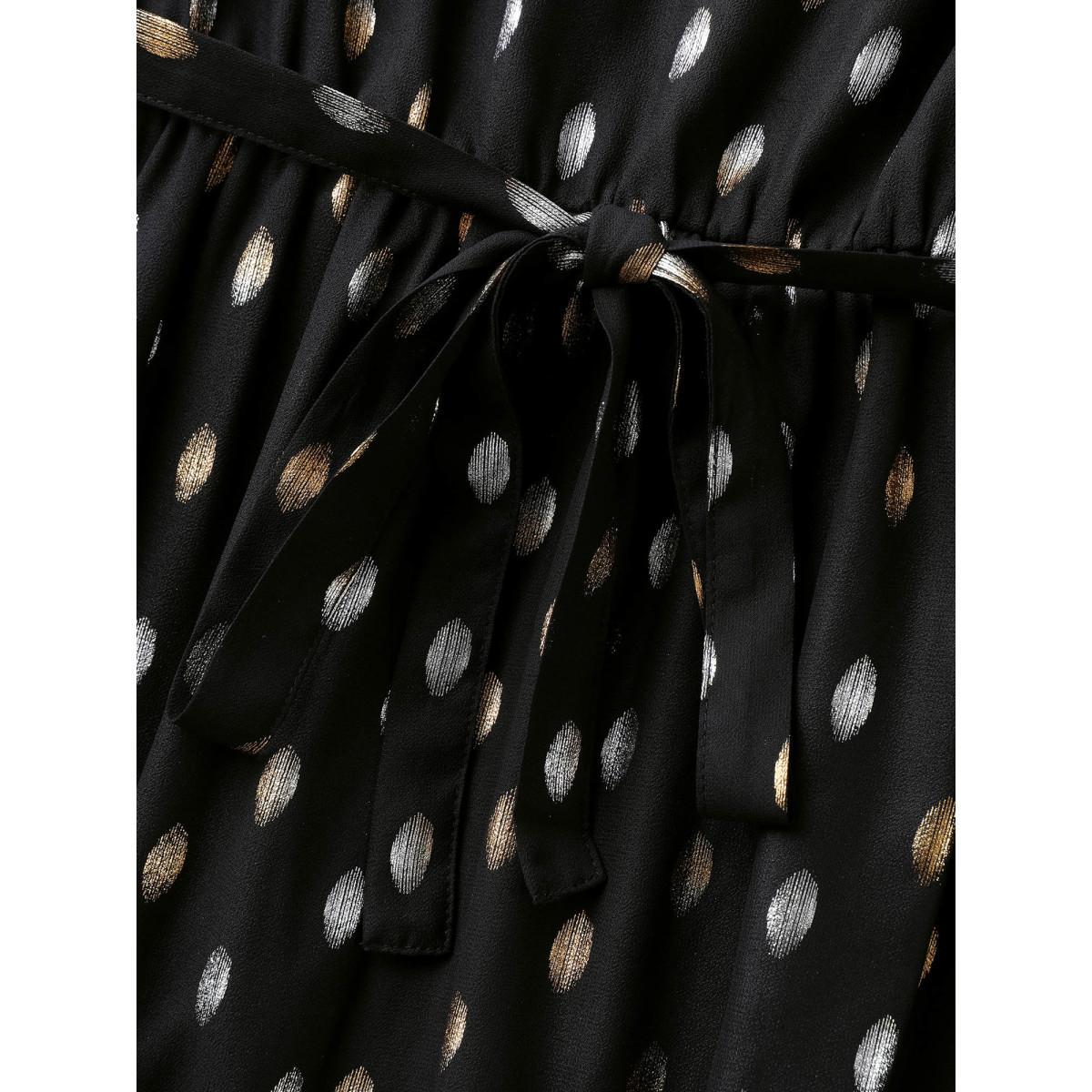 Plus Size Sheer Polka Dots Wrap Midi Dress Black Women Overlap Collar Short sleeve Curvy BloomChic 28/5X Product Image