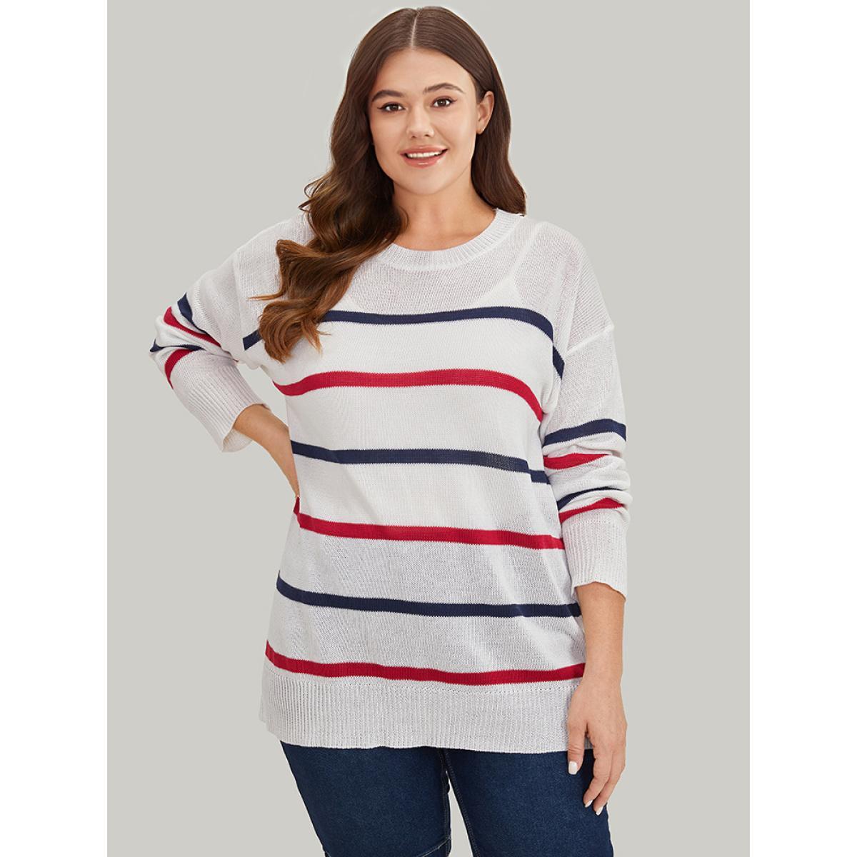 Plus Size Striped Contrast Drop Shoulder Pullover White Women Casual Bodycon Long Sleeve Round Neck Dailywear Pullovers BloomChic 30/6X Product Image