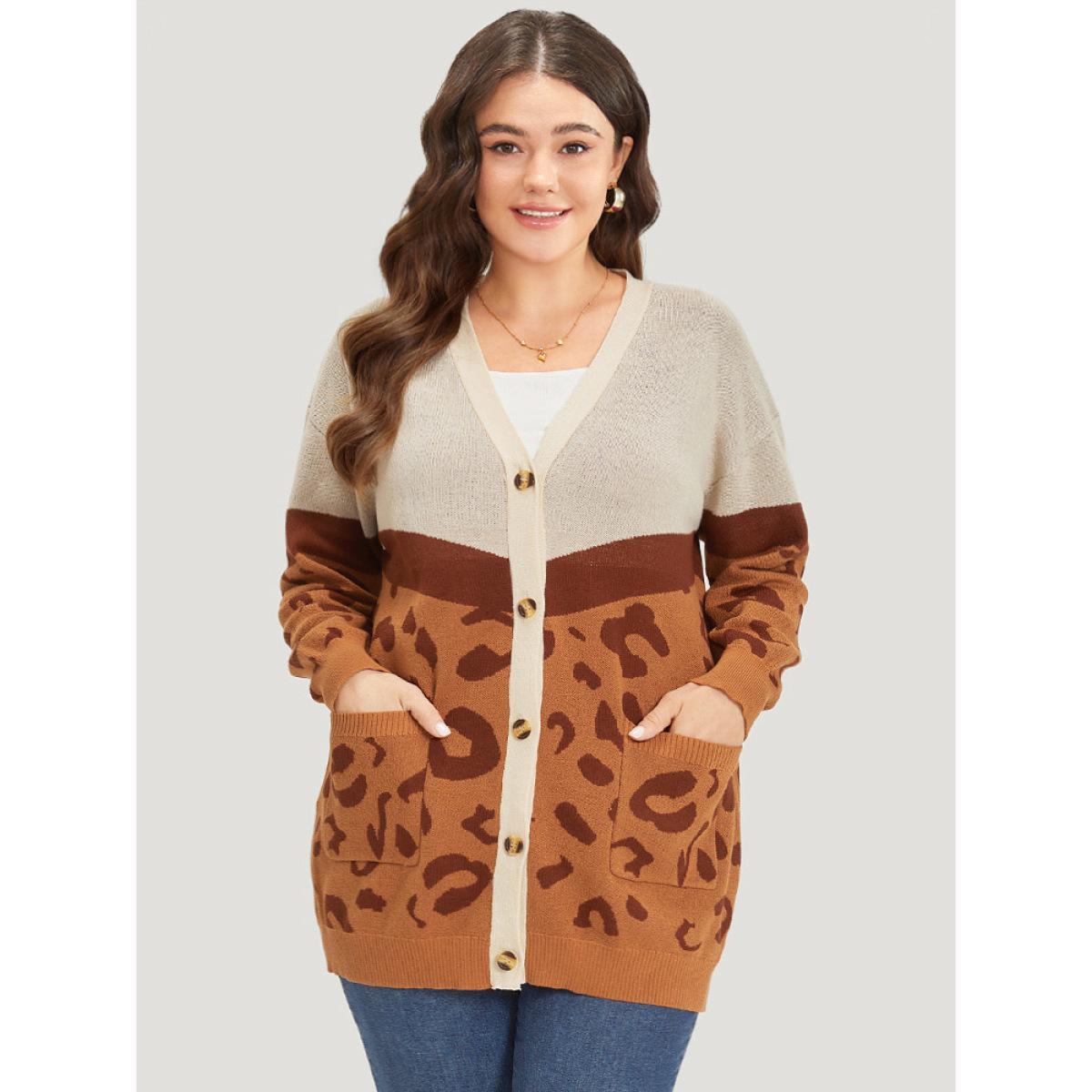 Plus Size Leopard Print Contrast Button Down Patched Pocket Cardigan Chocolate Women Casual Loose Long Sleeve Dailywear Cardigans BloomChic 18-20/2X Product Image