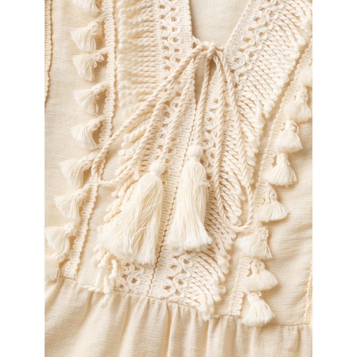Plus Size Pure Textured Tassels Tiered Tank Top Women Beige Tie knot Notched collar Vacation Tank Tops Camis BloomChic 22-24/3X Product Image