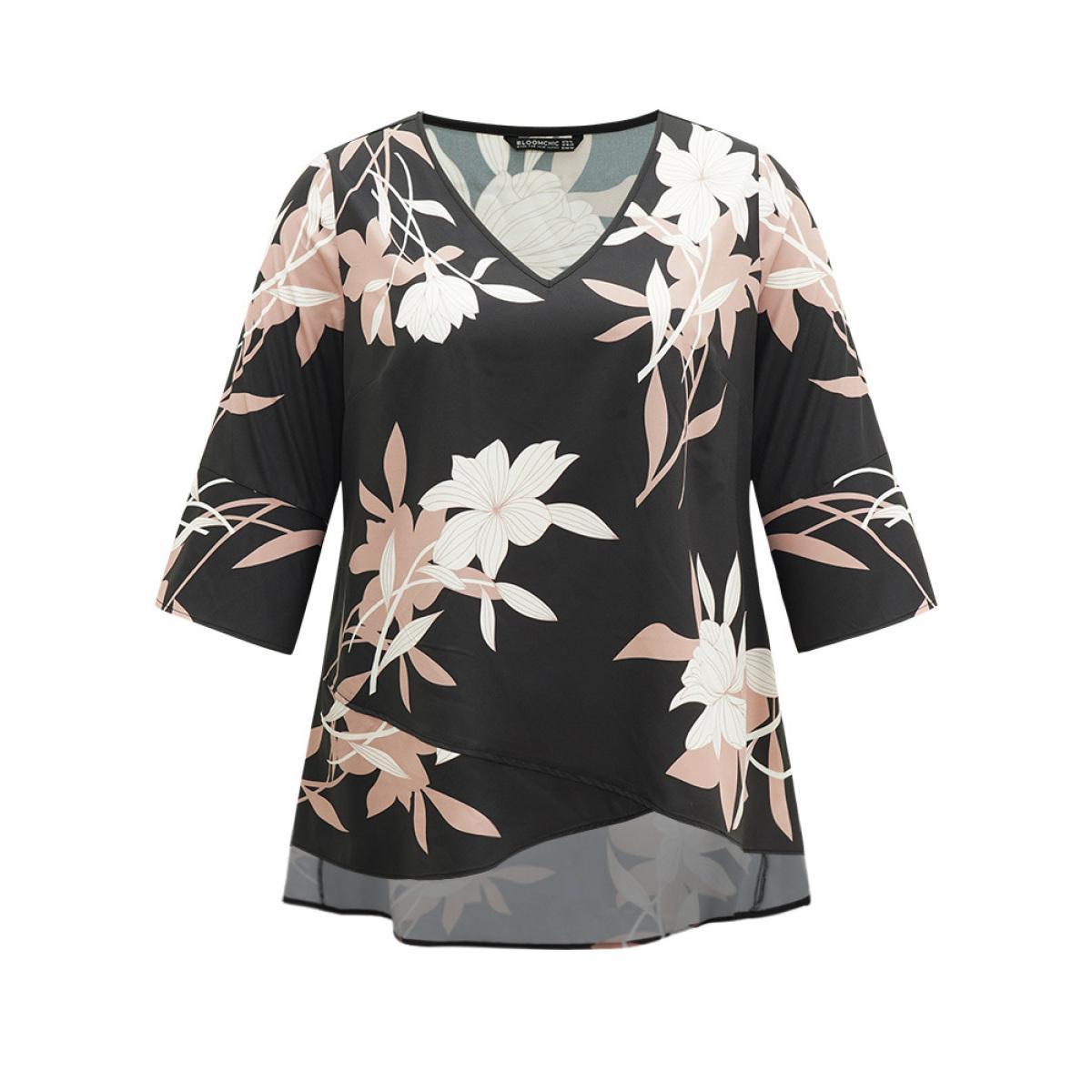 Plus Size Black Floral Print Bell Sleeve Asymmetrical Hem Blouse Women Elegant Elbow-length sleeve V-neck Dailywear Blouses BloomChic 12/L Product Image