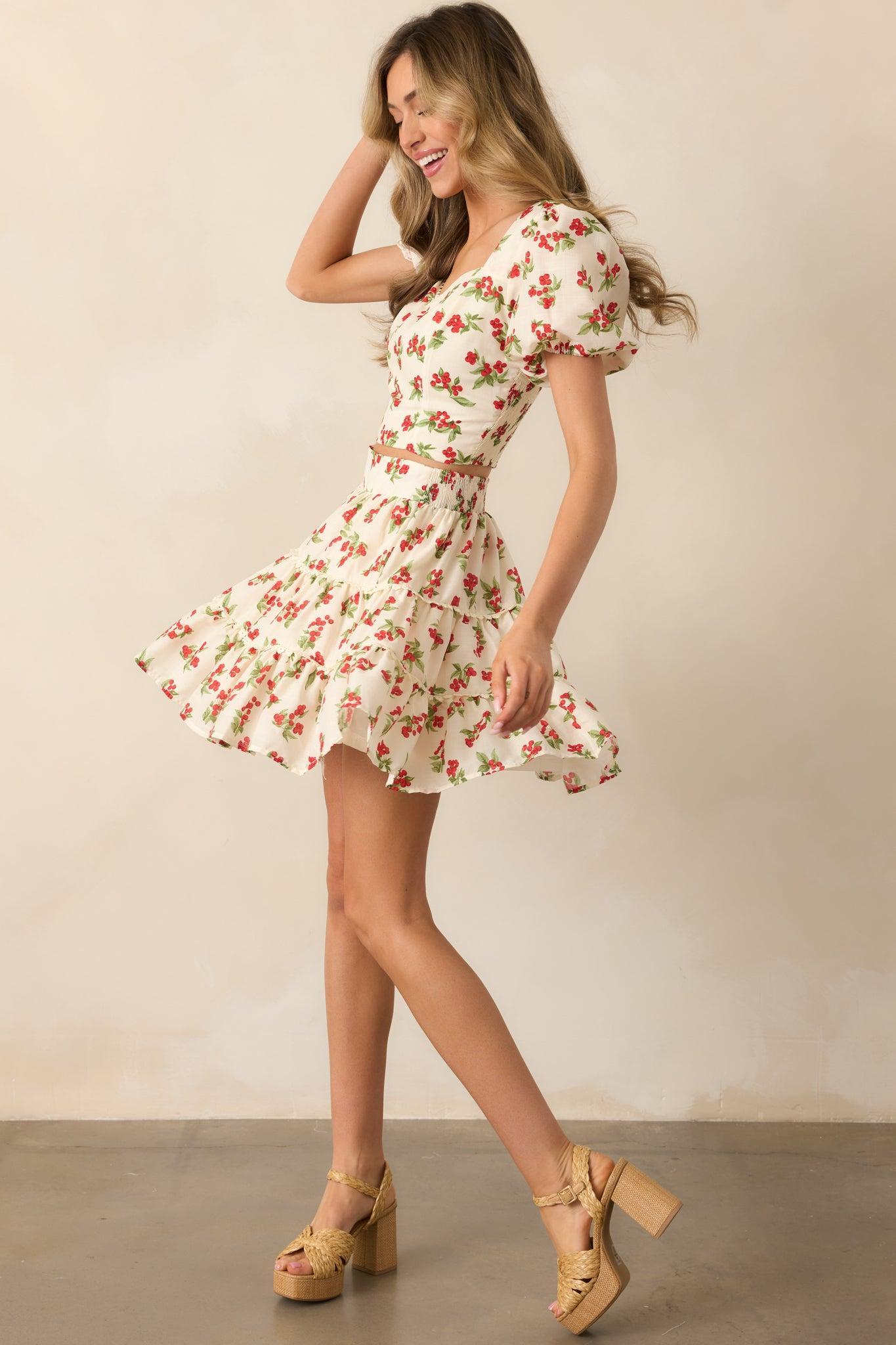 Just Wait And See Ivory Floral Berry Puff Sleeve Crop Top Product Image
