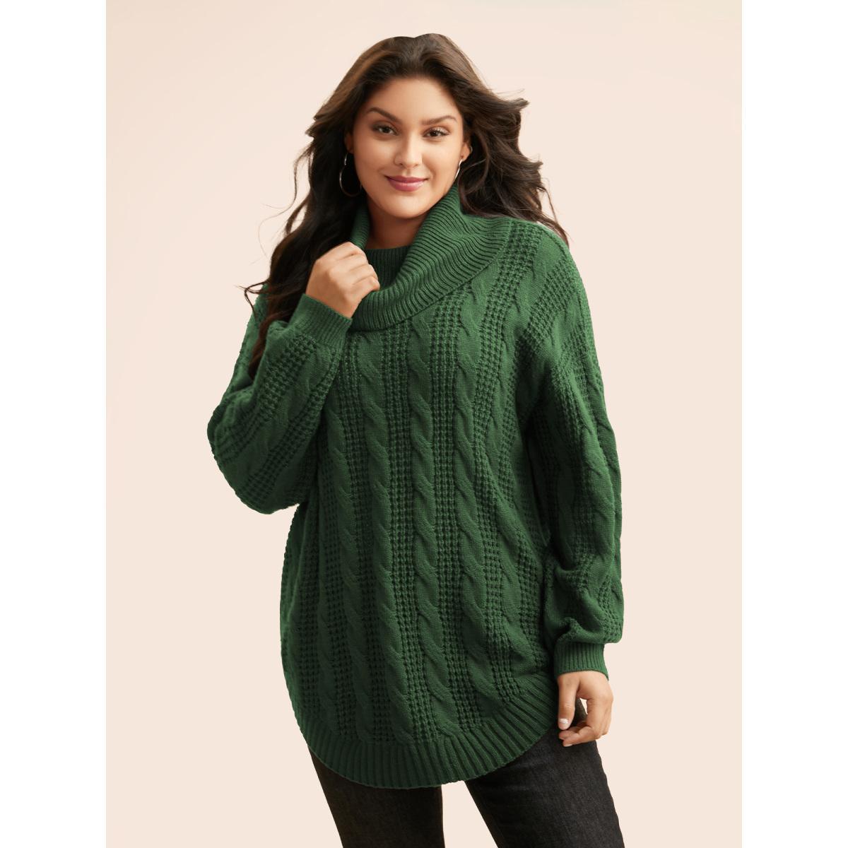Plus Size Turtleneck Cable Knit Curved Hem Pullover DarkGreen Women Casual Loose Long Sleeve Turtleneck Everyday Pullovers BloomChic 22-24/3X Product Image