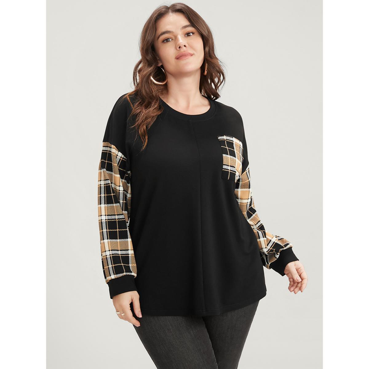 Plus Size Plaid Patchwork Pocket Round Neck Sweatshirt Women Black Casual Patchwork Round Neck Dailywear Sweatshirts BloomChic 18-20/2X Product Image