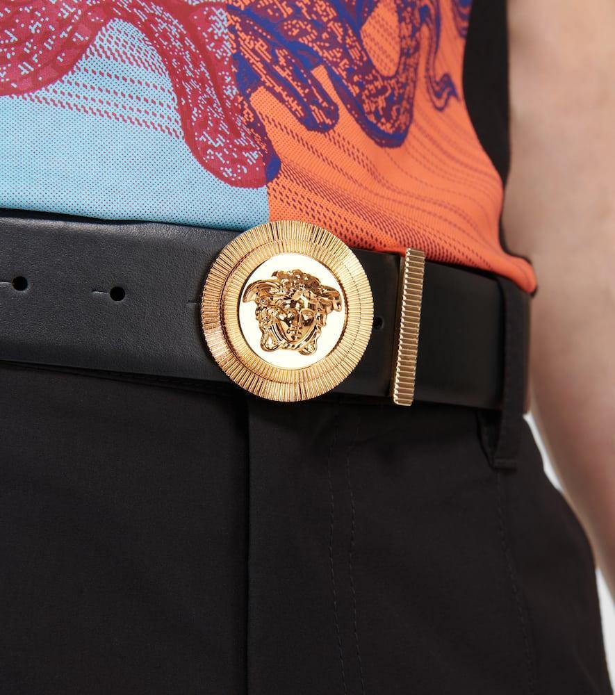 VERSACE Medusa Streamlined Leather Belt With Adjustable Length And Gold-tone Buckle In Black Product Image
