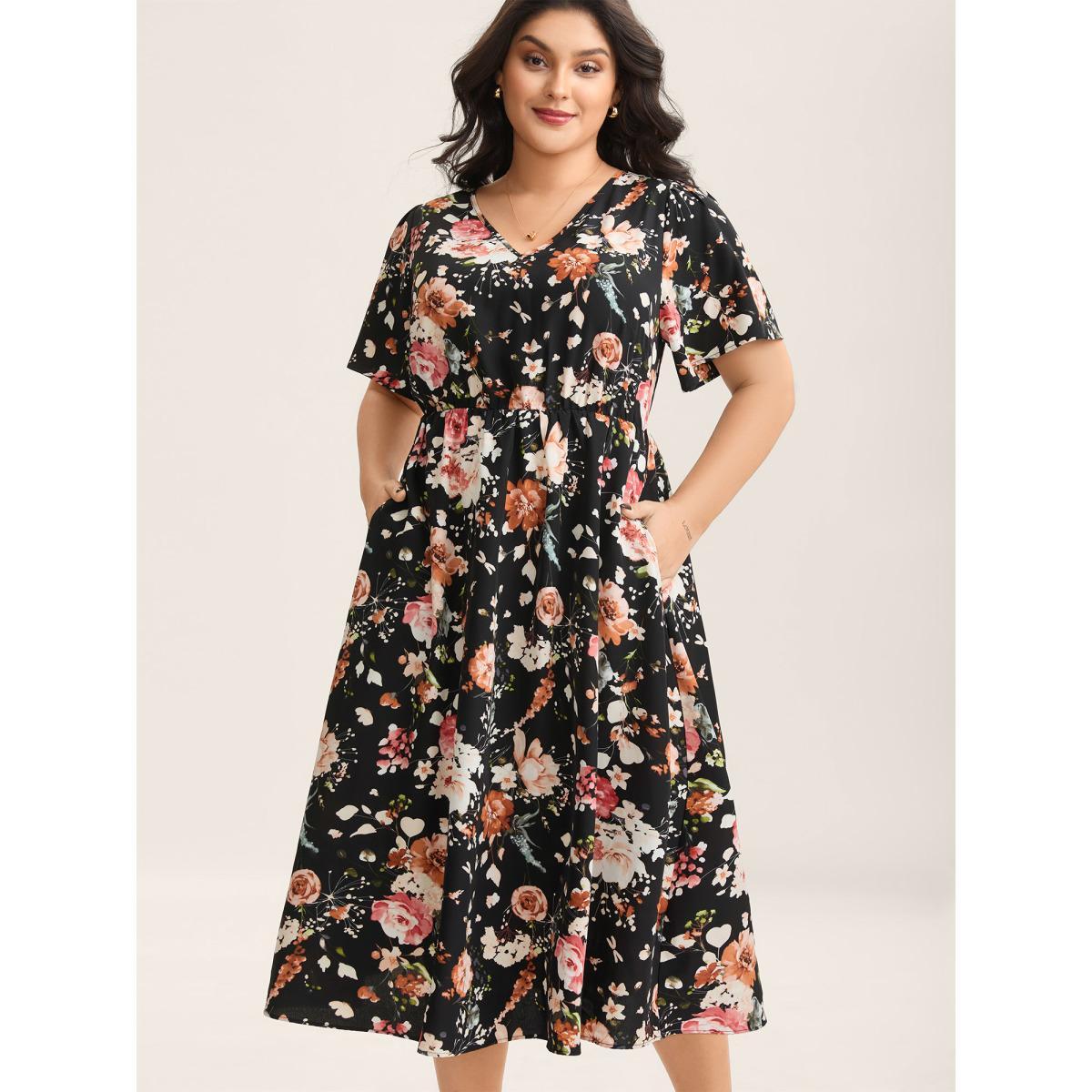 Plus Size Midnight Florals Cinched-Waist Pockets Midi Dress Black Women Overlap Collar Half Sleeve Curvy BloomChic 10/M Product Image