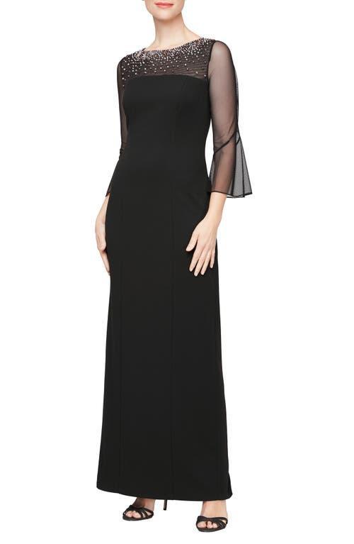 Alex Evenings Long Column Dress with Mesh Bell Sleeves and Heat Set Neckline Women's Dress Product Image