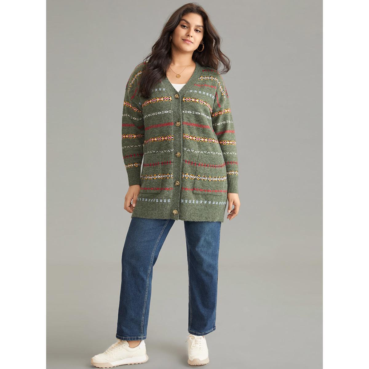 Plus Size Anti-Pilling Contrast Striped Button Up Cardigan ArmyGreen Women Casual Loose Long Sleeve Dailywear Cardigans BloomChic 30/6X Product Image