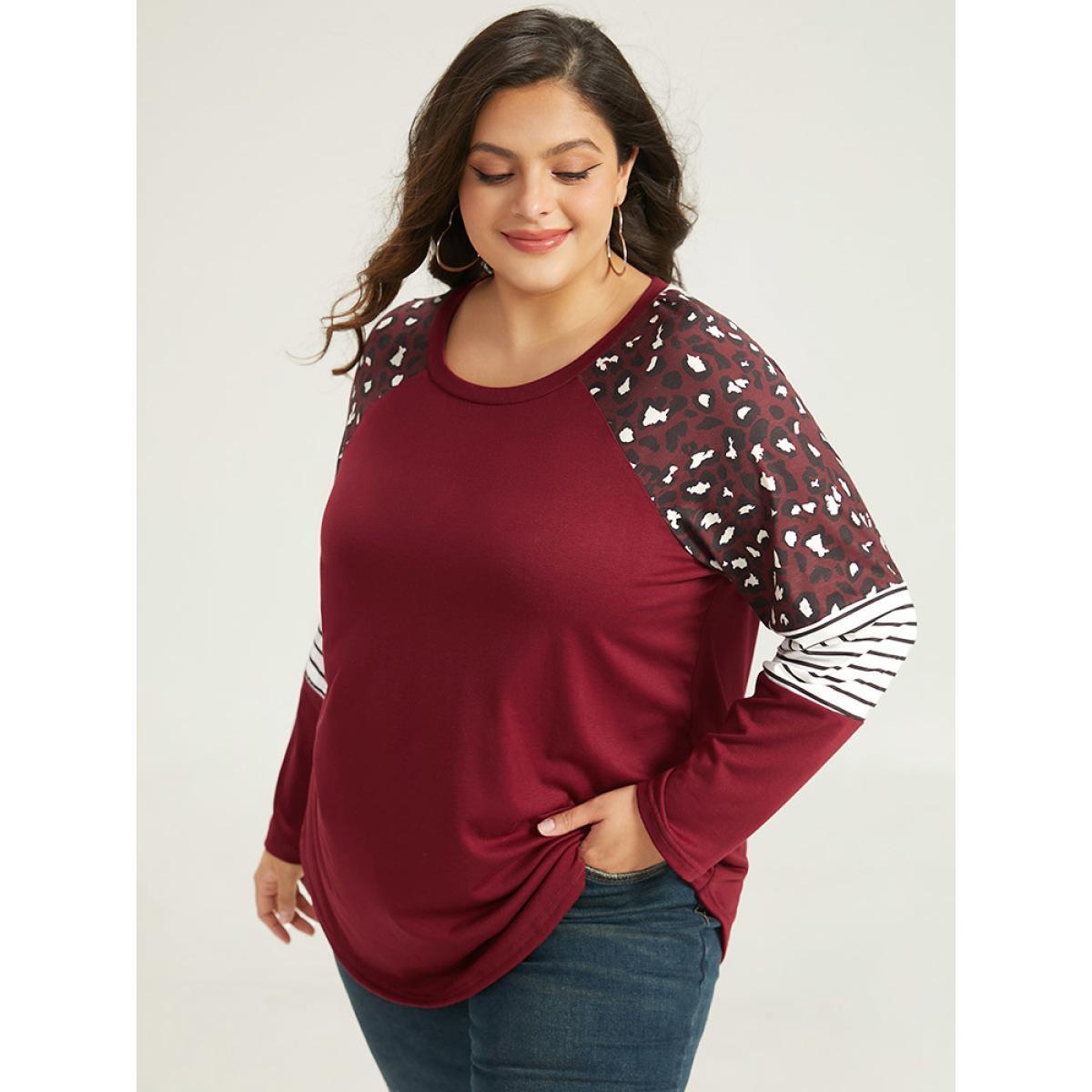 Plus Size Leopard Striped Patchwork Raglan Sleeve T-shirt Burgundy Women Casual Contrast Leopard Round Neck Dailywear T-shirts BloomChic 10/M Product Image