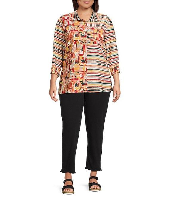 Multiples Plus Size Solid Garment Dyed Straight Leg Fringe Hem Pull-On Ankle Pants Product Image