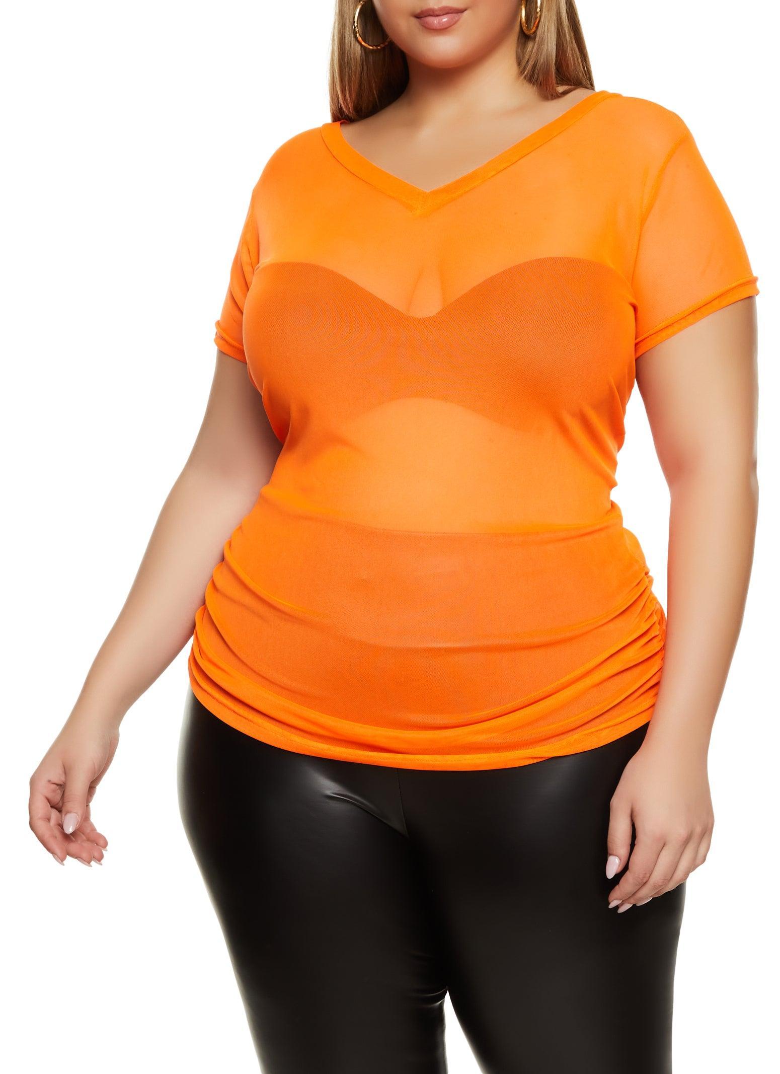 Womens Plus Size Mesh Ruched V Neck Top Product Image