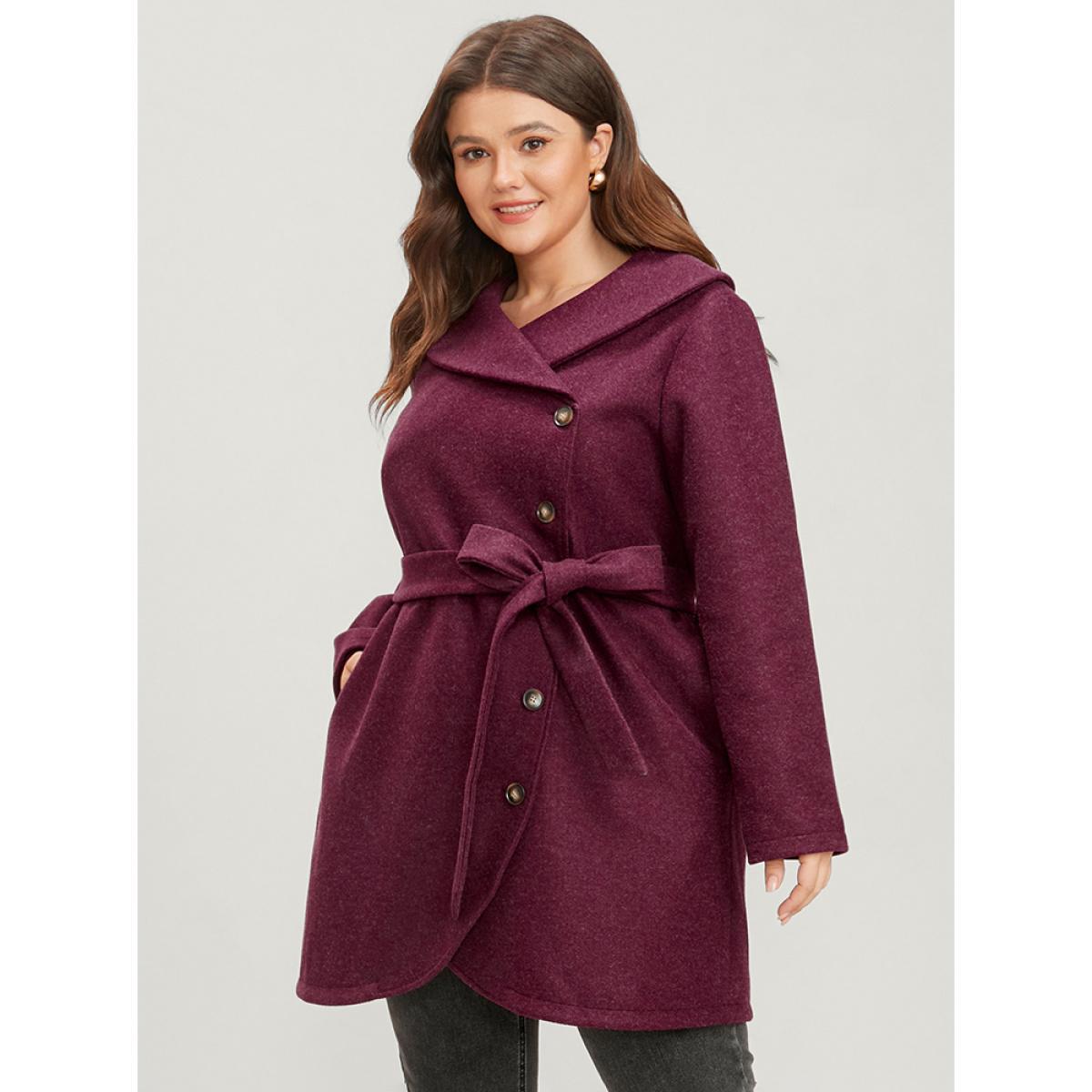 Plus Size Solid Foldover Collar Pocket Asymmetrical Hem Belted Coat Women Burgundy Elegant Cross straps Ladies Dailywear Winter Coats BloomChic 12/L Product Image