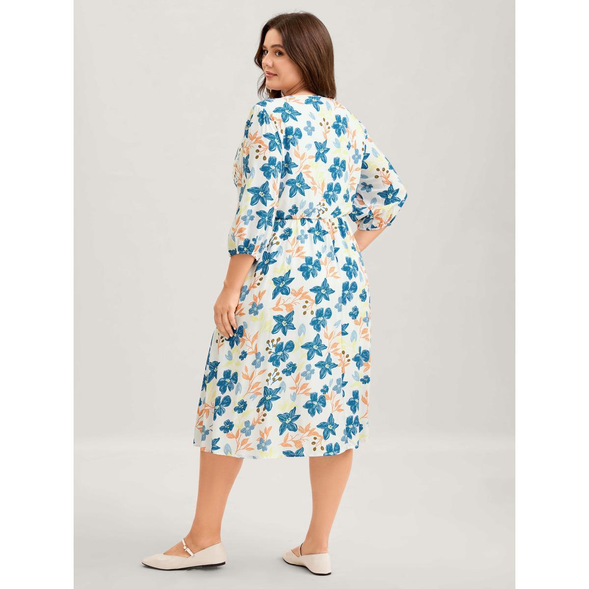 Plus Size Rayon Floral Stretchy Waist Pockets Midi Dress Multicolor Women Flat collar with V-notch Elbow-length sleeve Curvy BloomChic 26/4X Product Image