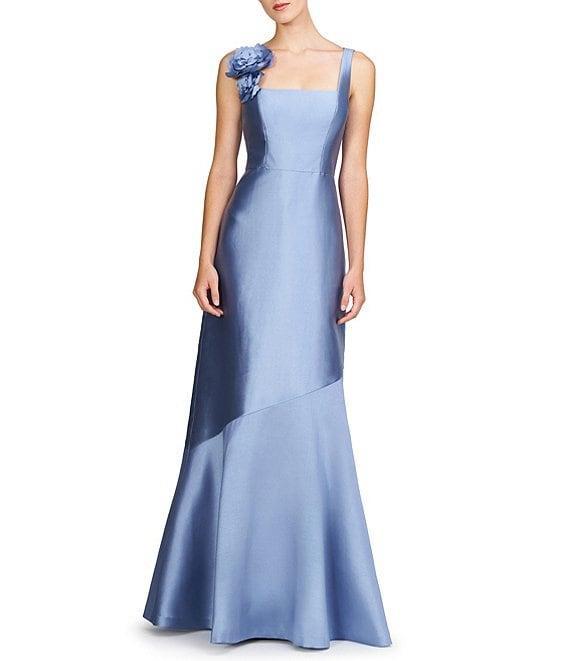 Kay Unger Satin Square Neck Sleeveless Rosette A-Line Gown Product Image