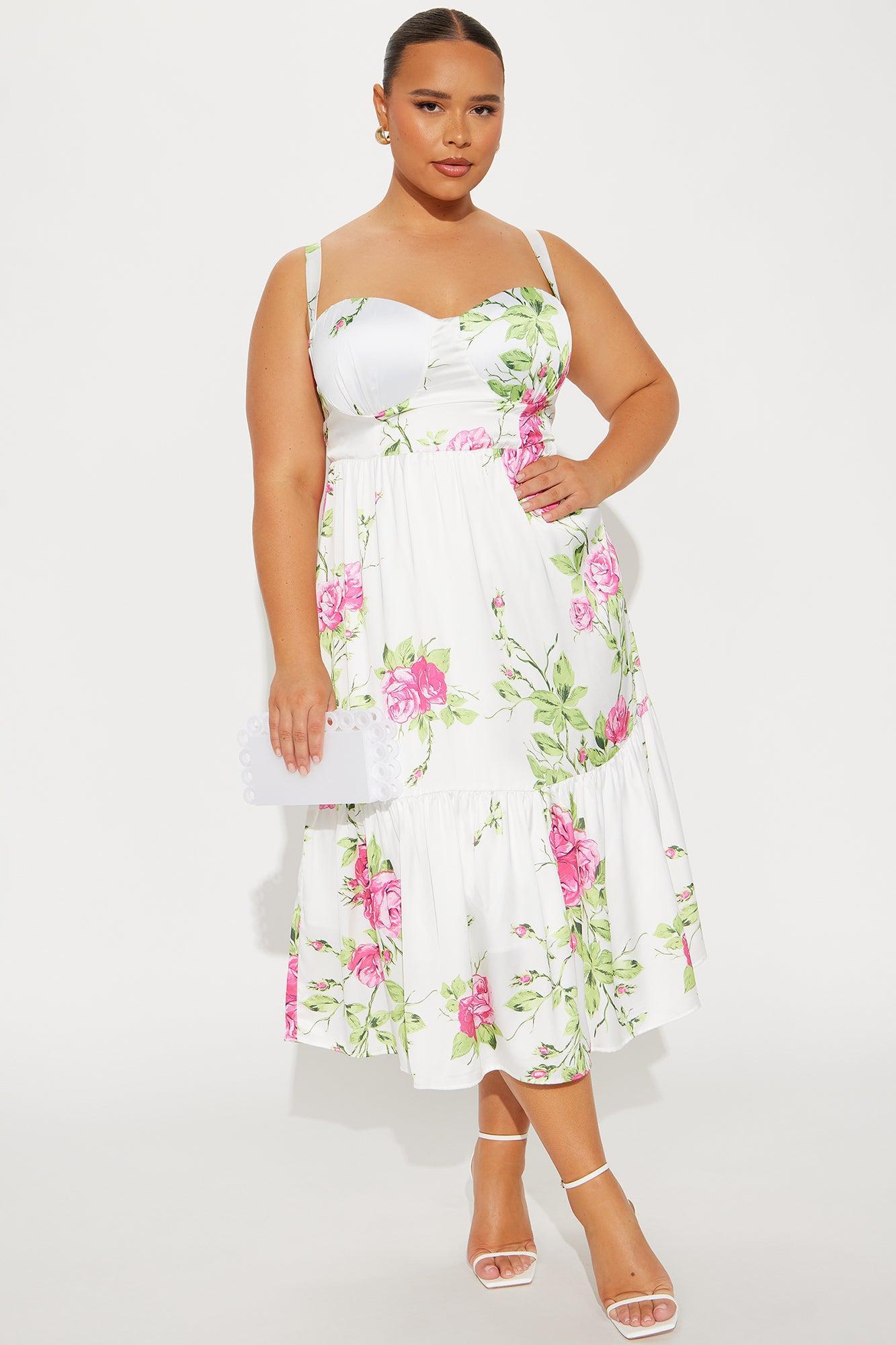 Fresh Roses Satin Floral Midi Dress - Multi Color Product Image