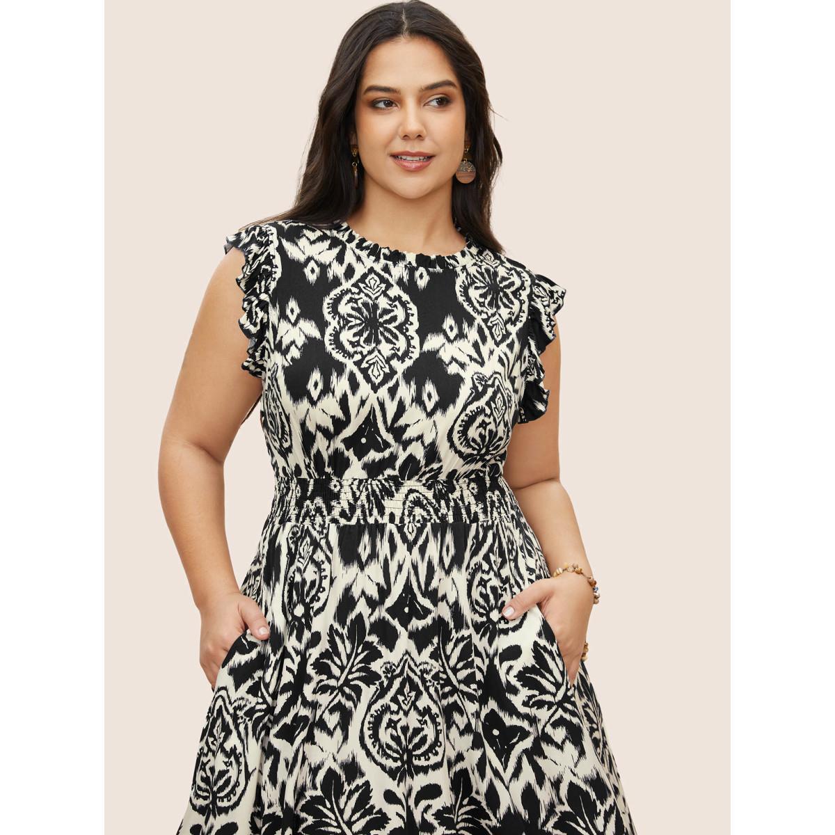Plus Size Boho Print Mock Neck Shirred Ruffle Cap Sleeve Dress Black Women Resort Shirred Mock Neck Cap Sleeve Curvy Midi Dress BloomChic 30/6X Product Image