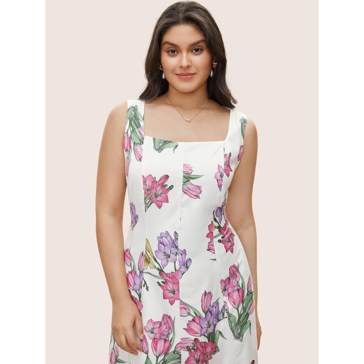 Plus Size Floral Print Patchwork Pocket Spaghetti Strap Dress White Women Elegant Printed Spaghetti Strap Sleeveless Curvy Midi Dress BloomChic 28/5X Product Image