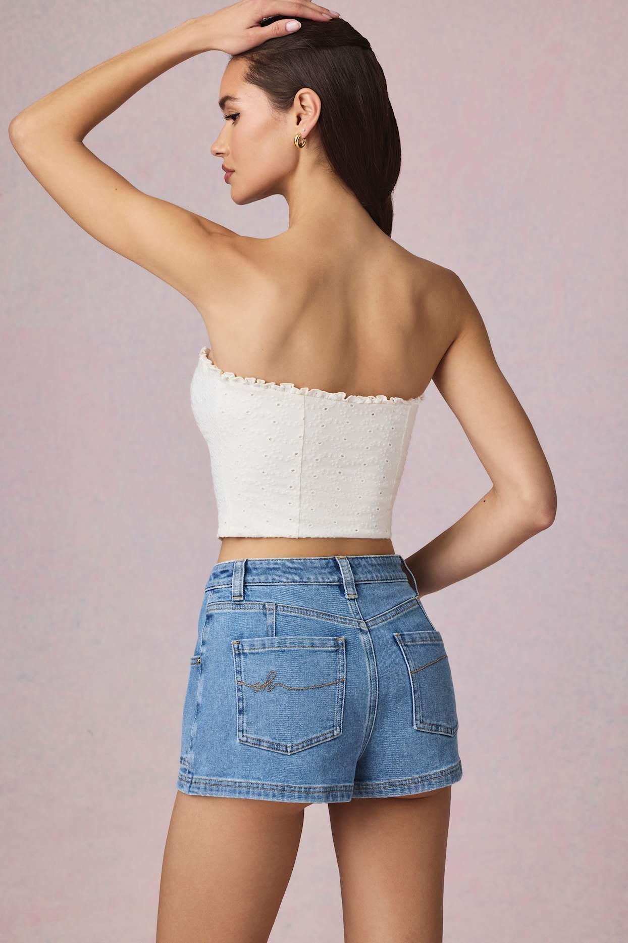 High-Waist A-Line Shorts in Mid-Blue Wash Product Image