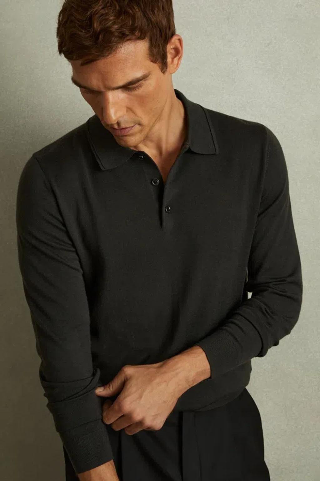 REISS Trafford Long Sleeve Polo Sweater In Green Product Image