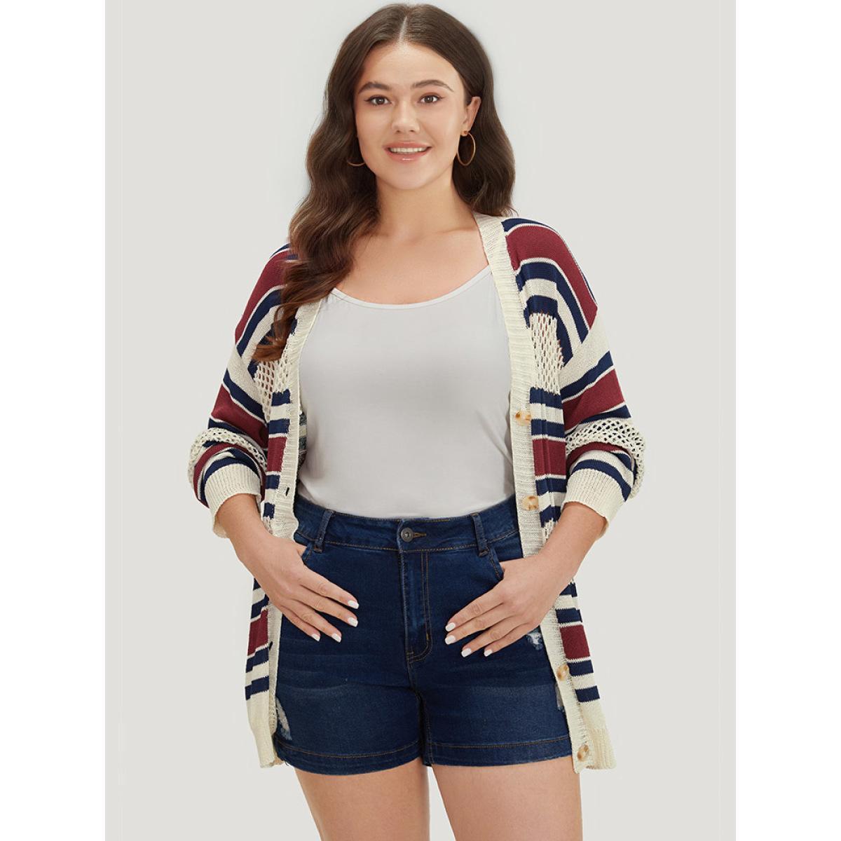 Plus Size Striped Hollow Out Patchwork Button Detail Cardigan Beige Women Casual Loose Long Sleeve Everyday Cardigans BloomChic 12/L Product Image