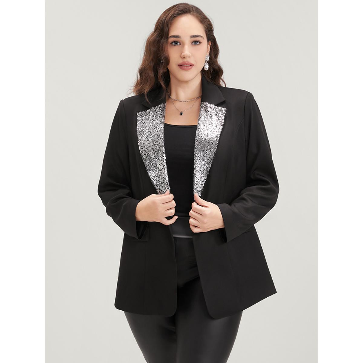 Plus Size Contrast Sequin Suit Collar Flap Pocket Blazer Black Women Going out Plain Patchwork Sleeve Long Sleeve Suit Collar 10/M Pocket Party Blazers BloomChic Product Image