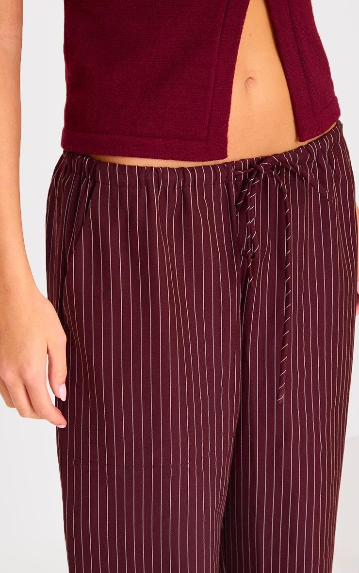 Burgundy Pinstripe Woven Drawstring Waist Low Rise Relaxed Pants Product Image