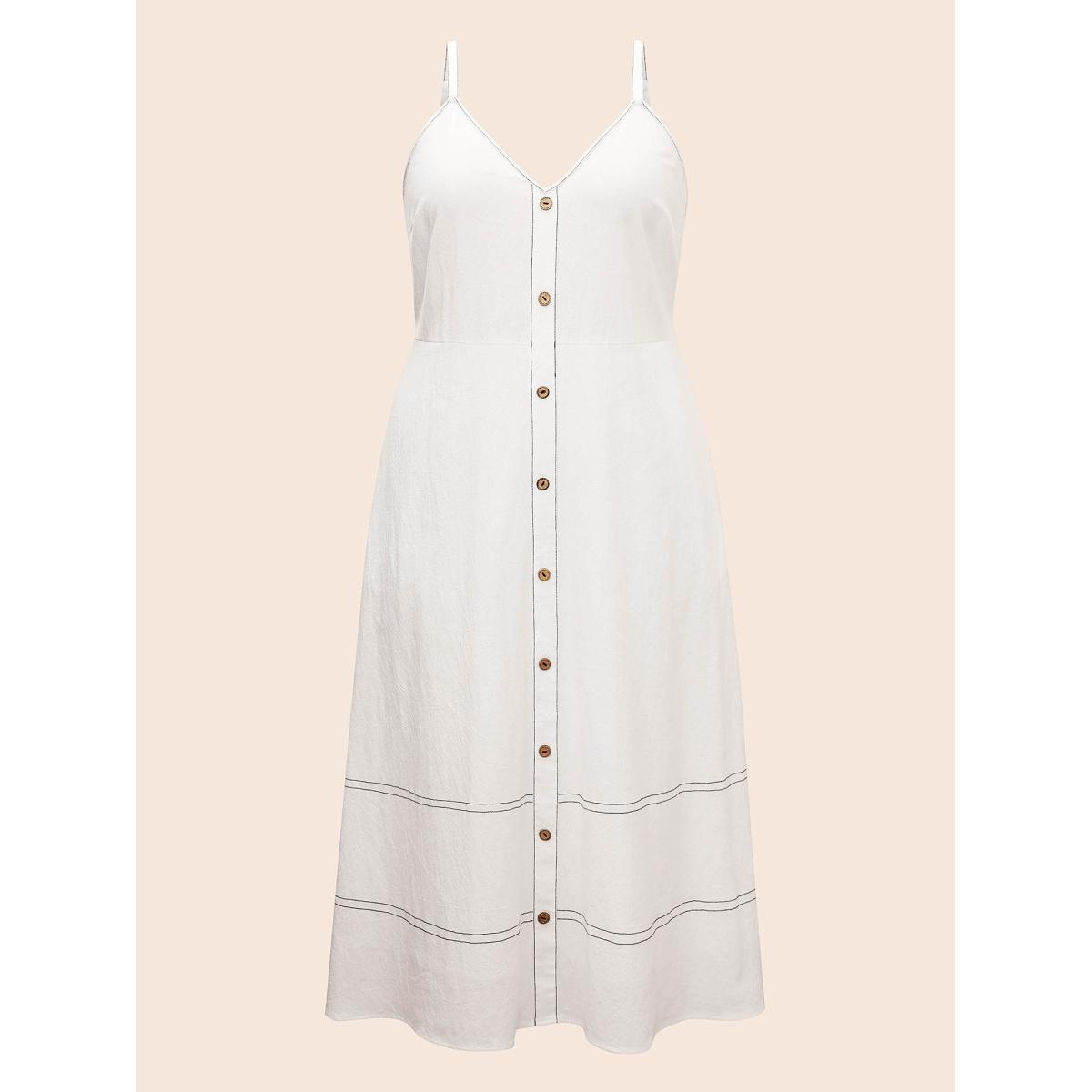 Plus Size Hollow Front Button Detail Flare Maxi Dress Originalwhite Women Resort Topstitching V-neck Sleeveless Curvy BloomChic 12/L Product Image