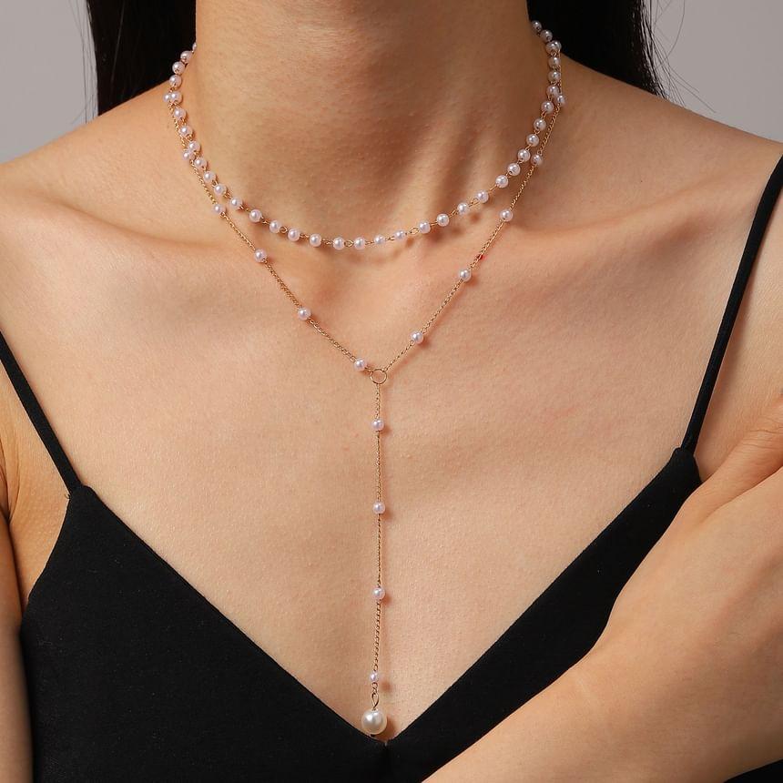 Faux Pearl Layered Alloy Lariat Necklace Product Image