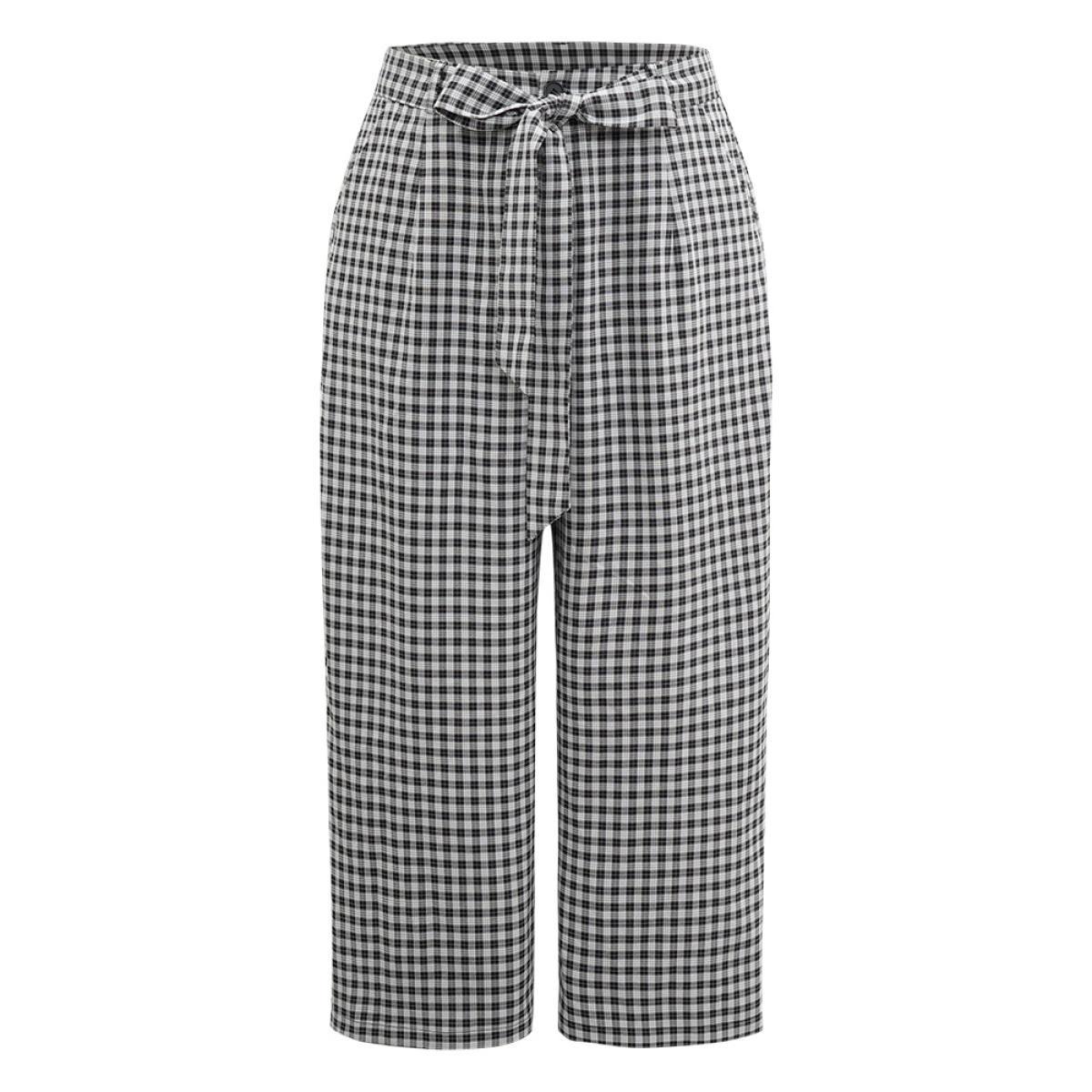 Plus Size Plaid Belted Bowknot Wide Leg Pants Women Black Office Wide Leg High Rise Work Pants BloomChic 10/M Product Image