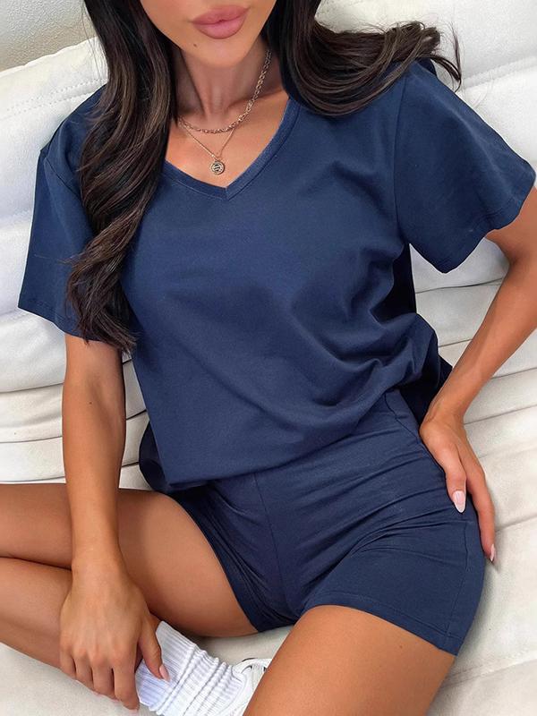 Loose Short Sleeves Solid Color Split-Joint V-Neck T-Shirt + Shorts Two Pieces Set Product Image