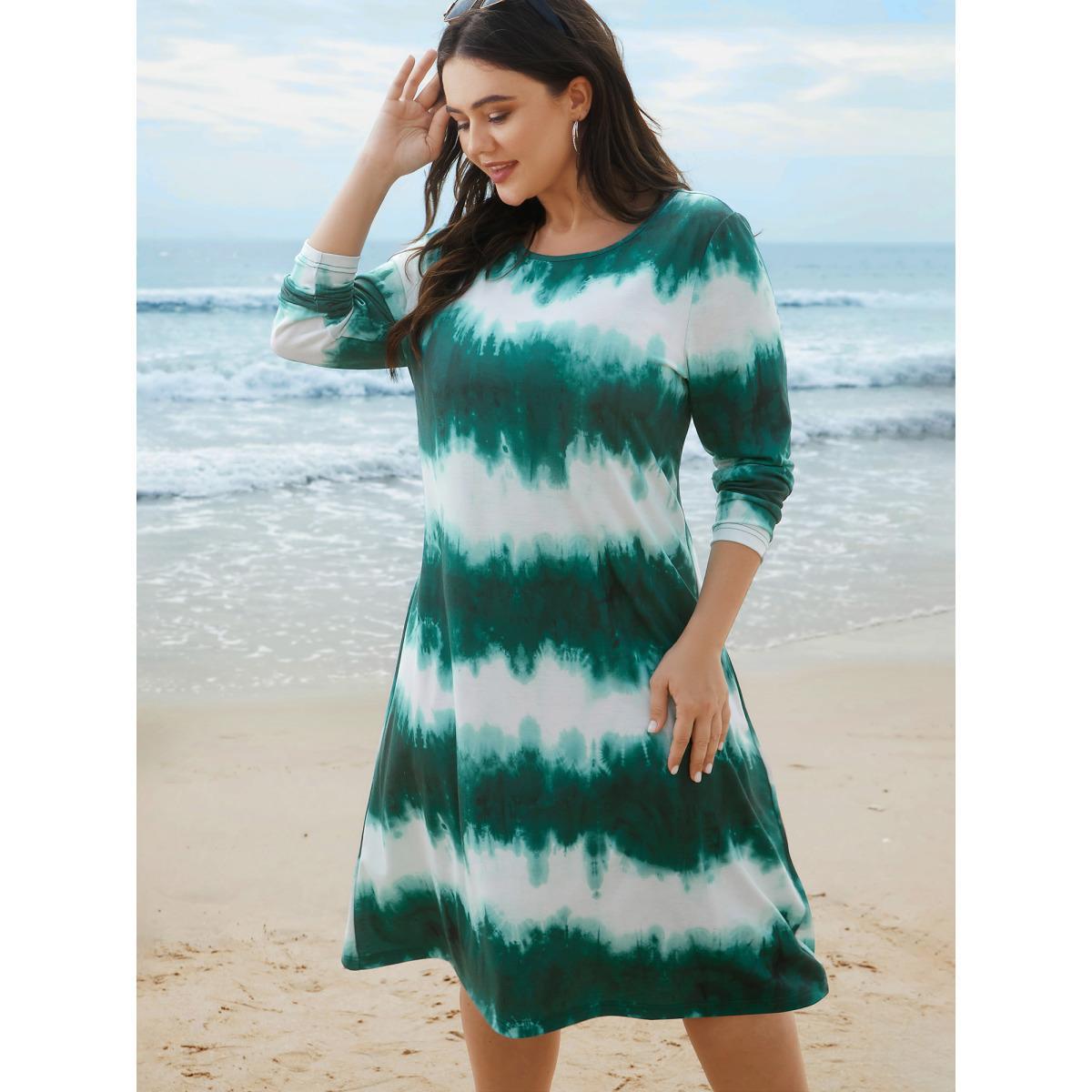 Plus Size Tie-Dye Round Neck Midi Knit Dress Teal Women Casual Non Knit Dresses Bloomchic 22-24/3X Product Image