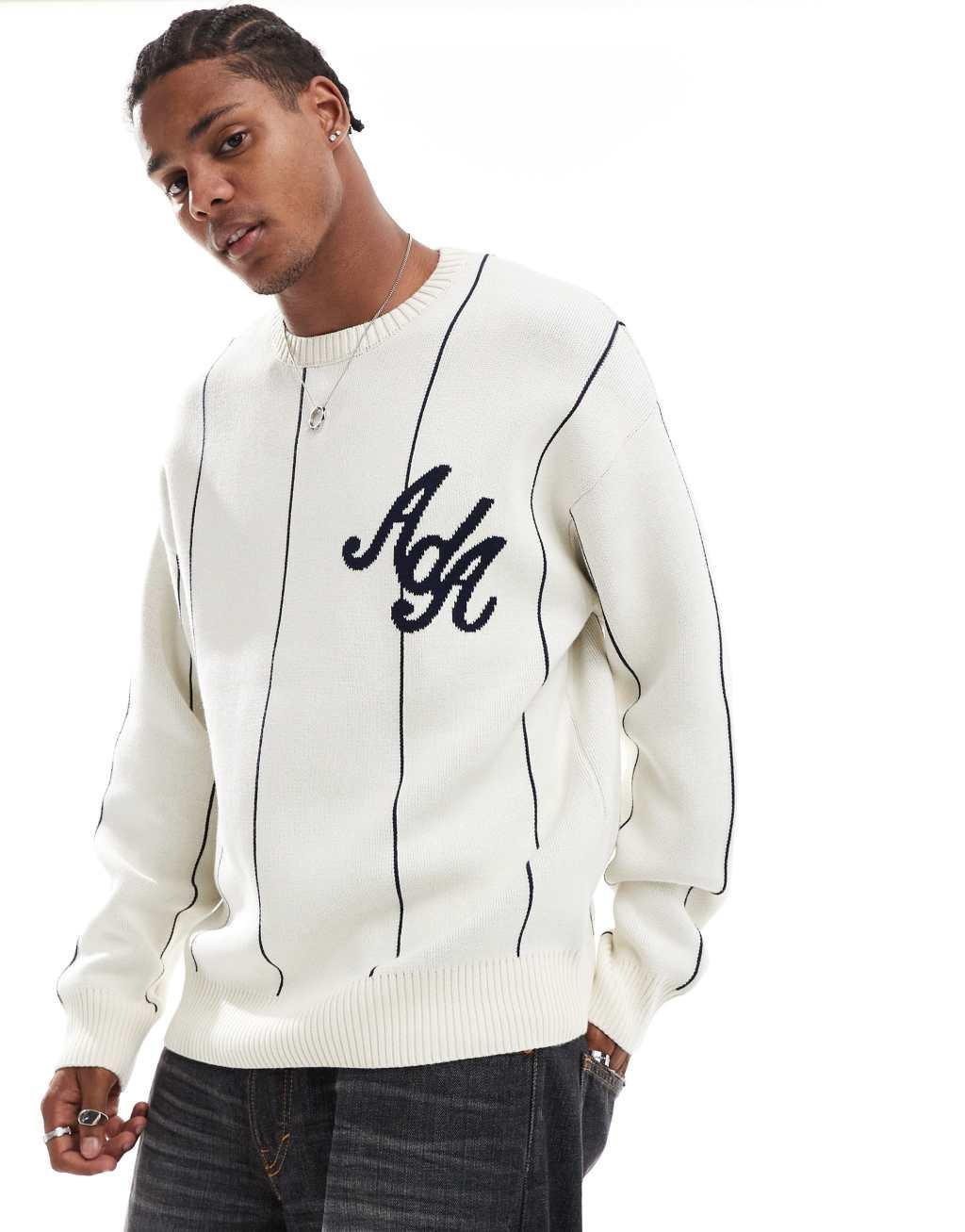 Alma de Ace logo knit striped sweater in white  Product Image