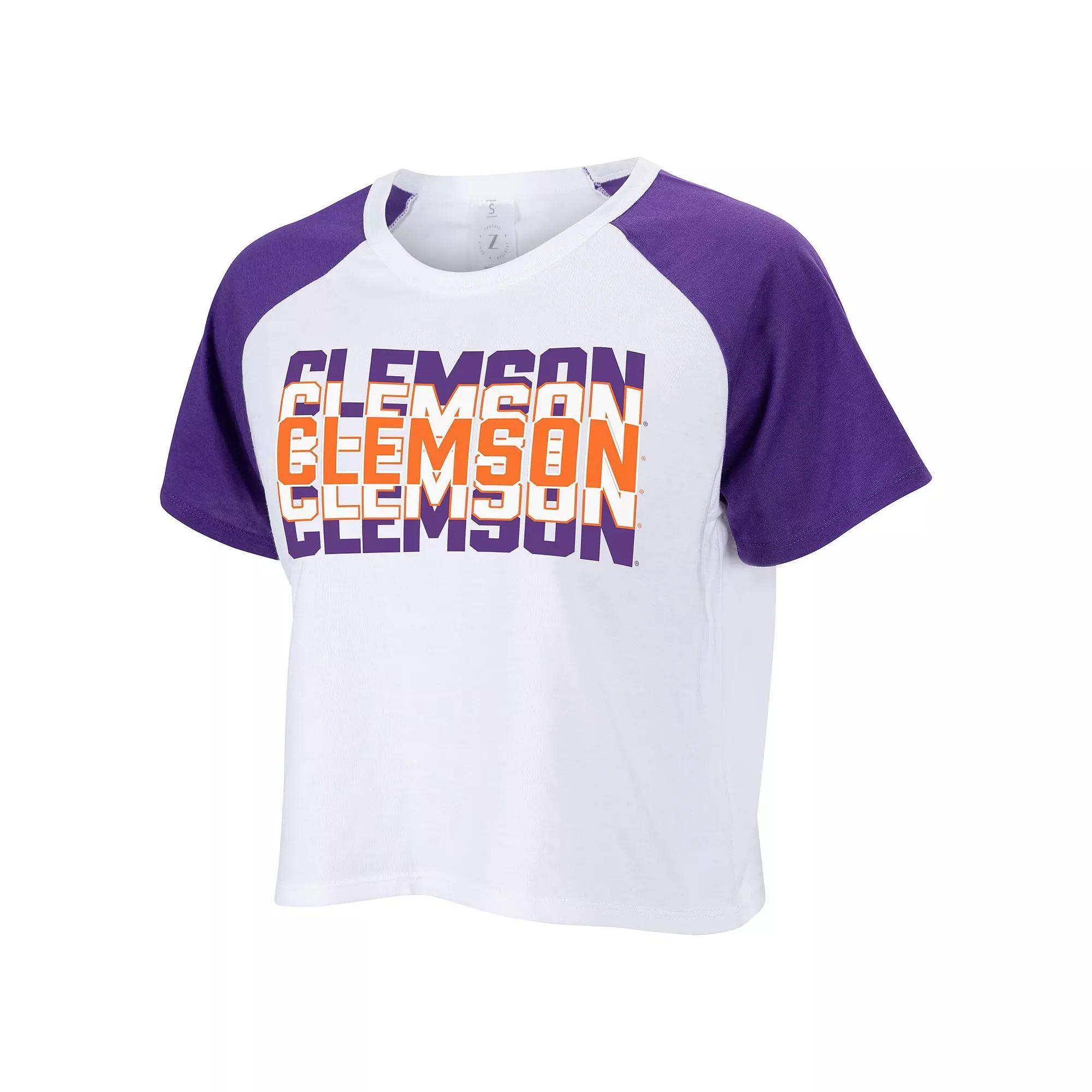 Women's ZooZatz White Clemson Tigers Colorblock Repeat Raglan Cropped T-Shirt, Size: Small Product Image