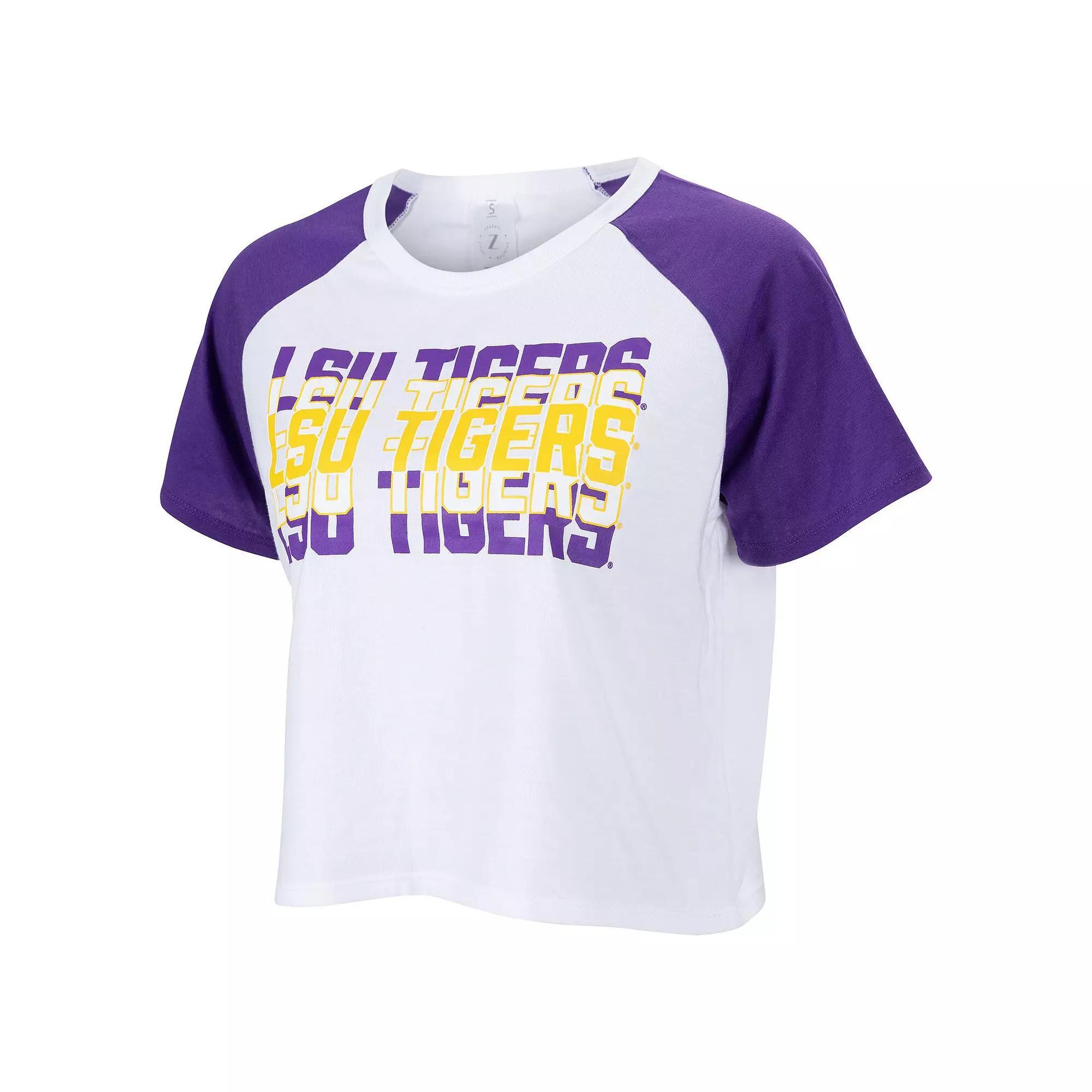 Womens ZooZatz LSU Tigers Colorblock Repeat Raglan Cropped T-Shirt Product Image