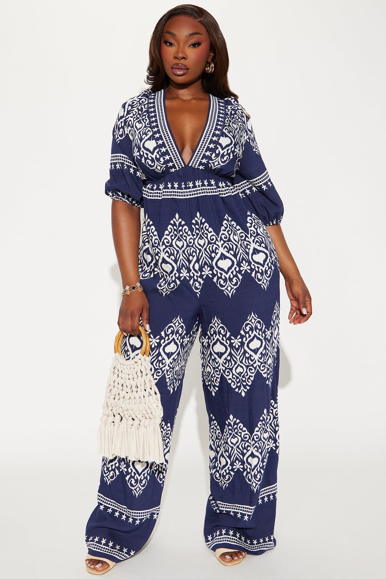 Daphne Deep V Jumpsuit - Navy/combo Product Image