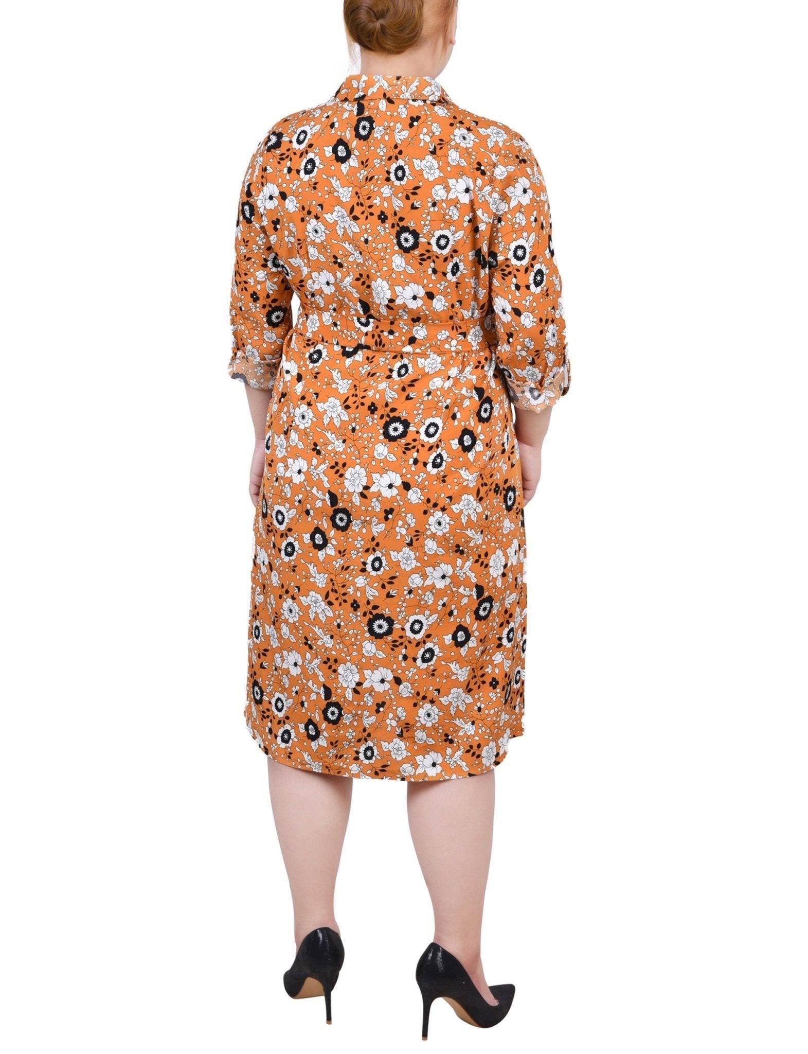 Mustard Black Floral 3/4 Roll Tab Sleeve Belted Shirtdress - Plus Product Image