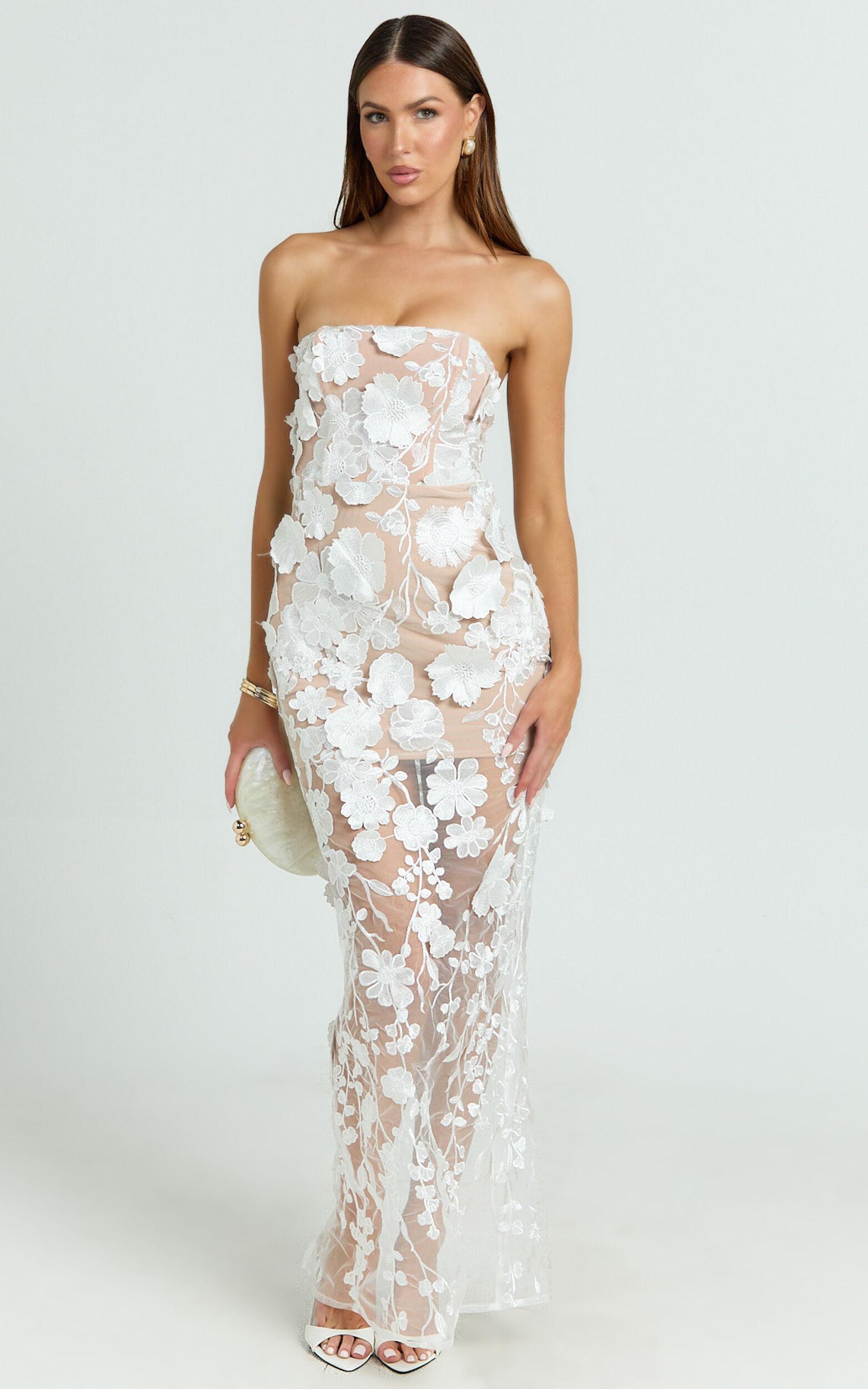 Sienna Maxi Dress - 3D Floral Strapless Column Dress in White Product Image