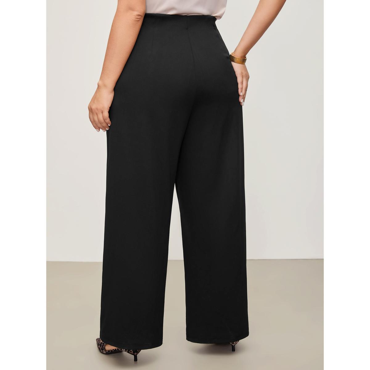 Plus Size Solid Elastic Waist Pleated Wide Leg Pants Women Black At the Office Wide Leg Mid Rise Work Pants BloomChic 10/M Product Image