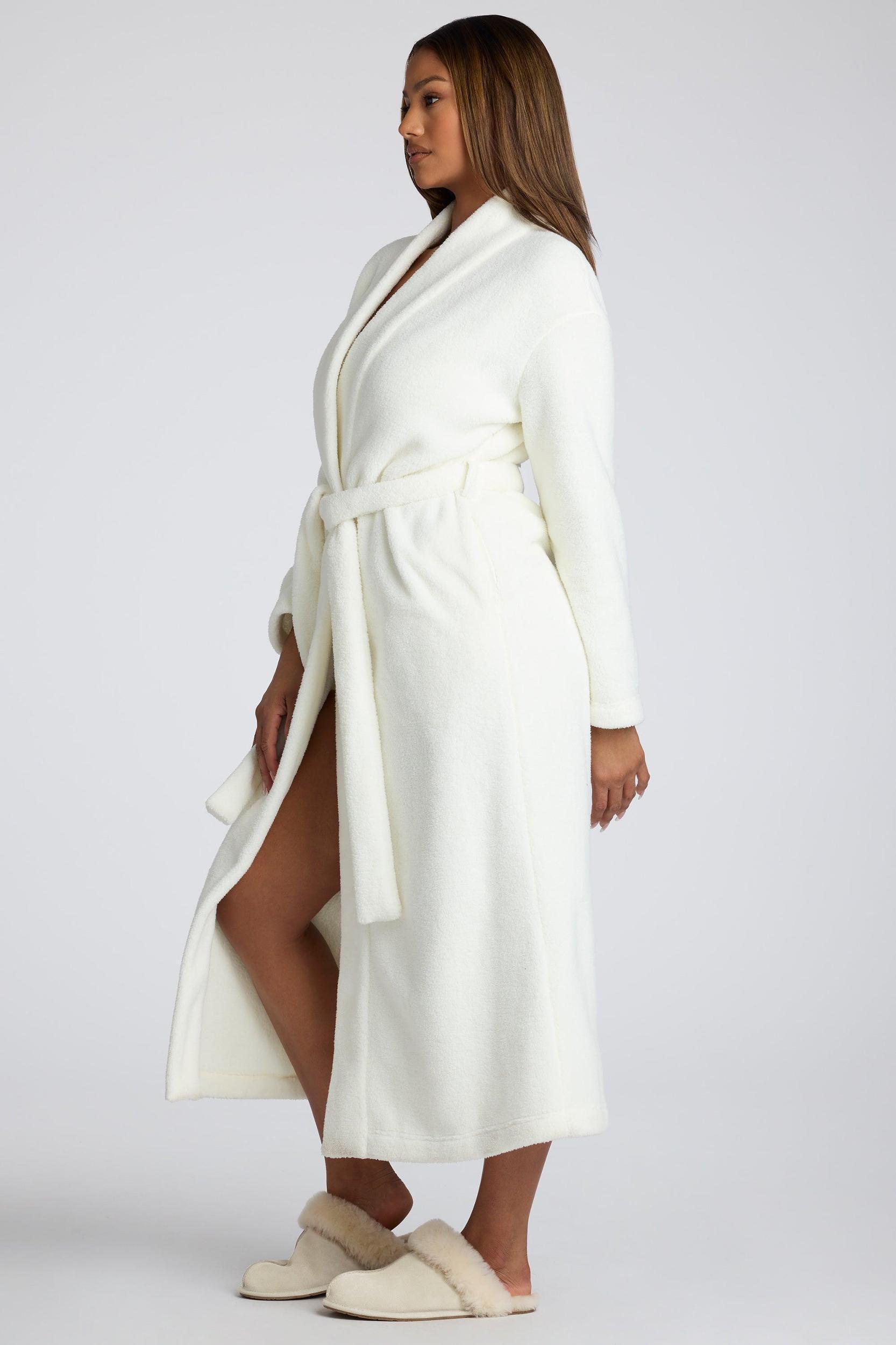Tie Front Fleece Robe in White Product Image