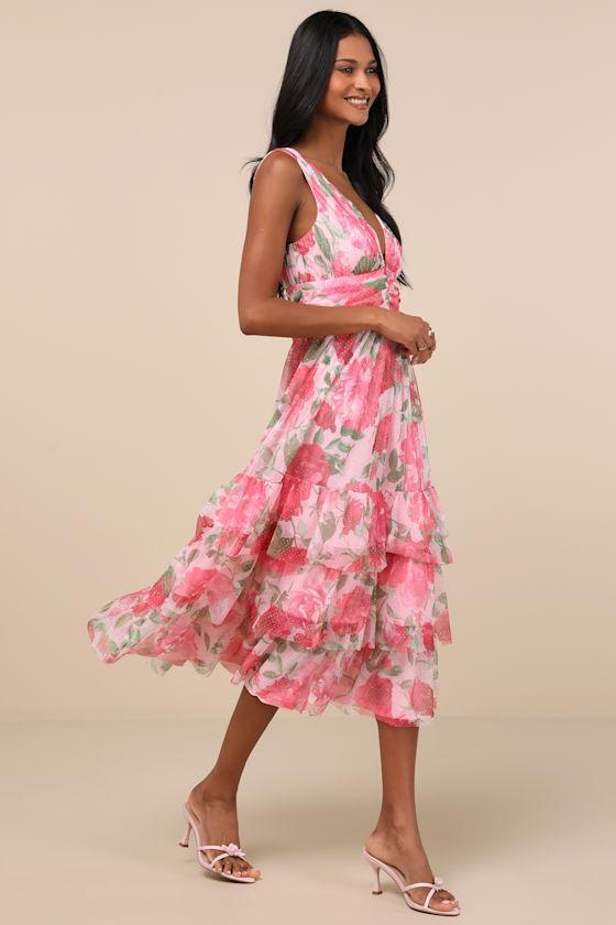 Perfectly Divine Pink Floral Tulle Tiered Ruffled Midi Dress Product Image