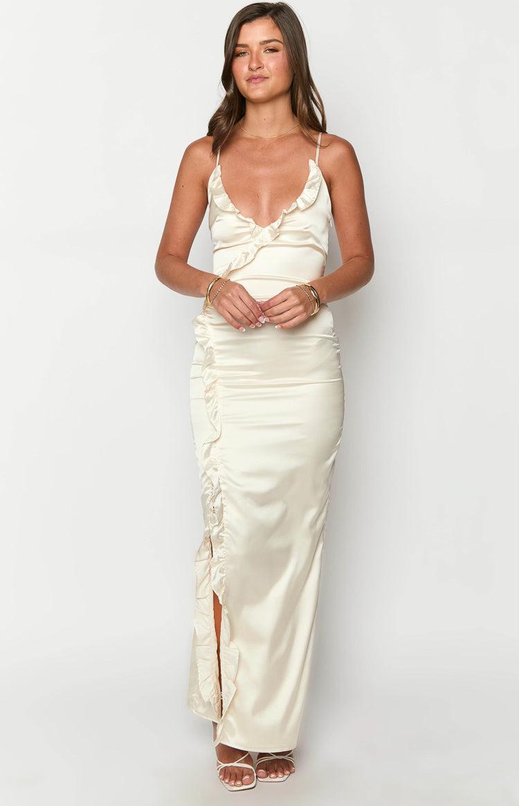 Nahanee Cream Satin Ruffle Maxi Dress Girls Product Image