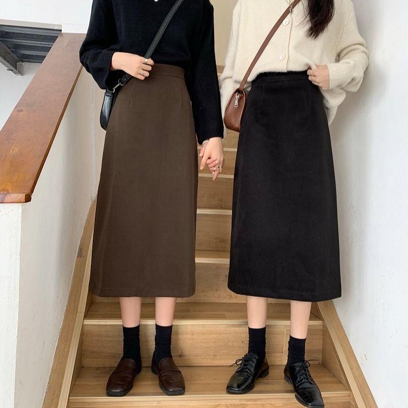 High Rise Plain Midi A-Line Skirt Product Image